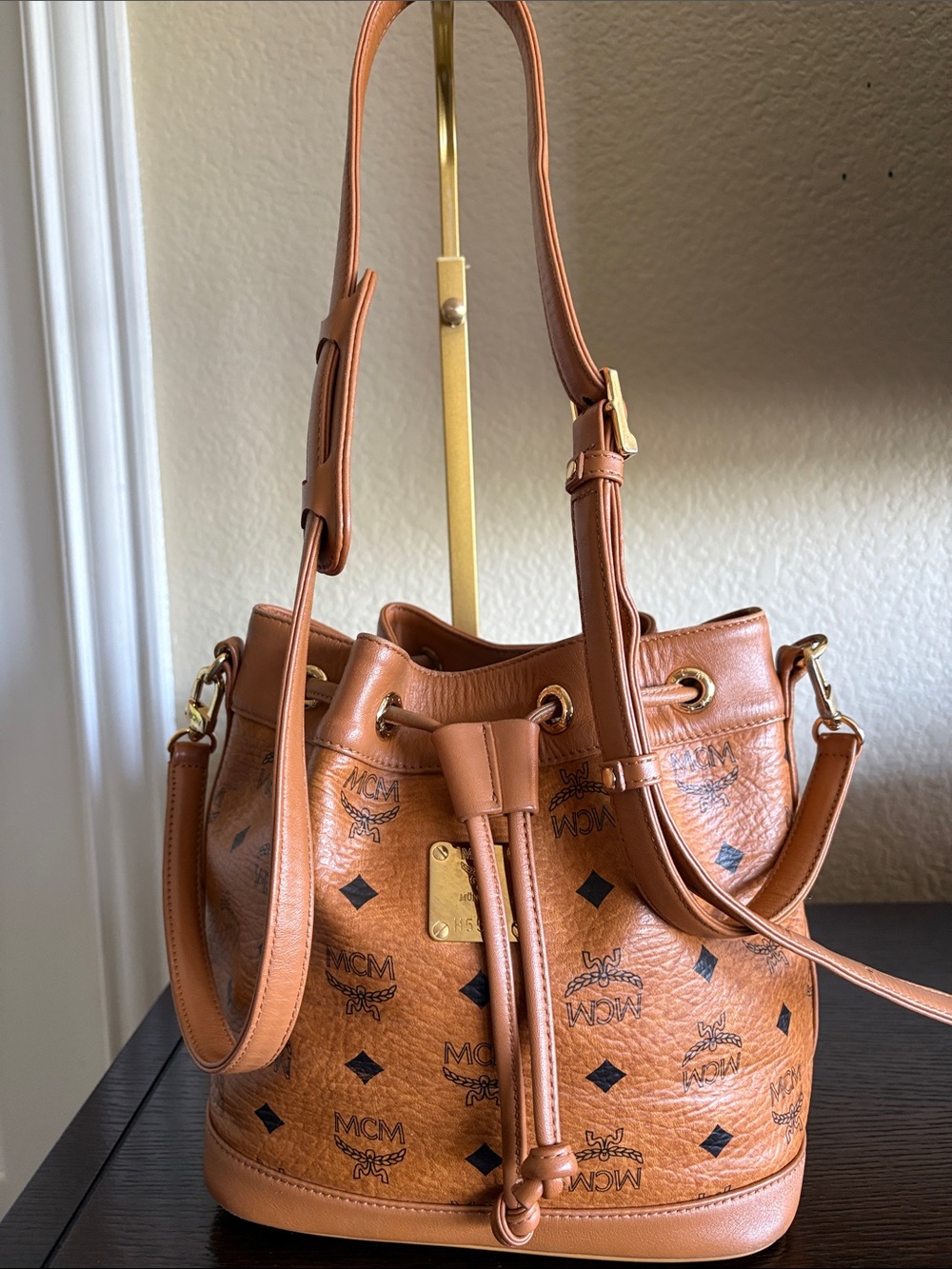 MCM Cognac Visetos Mini Bucket Shoulder Bag